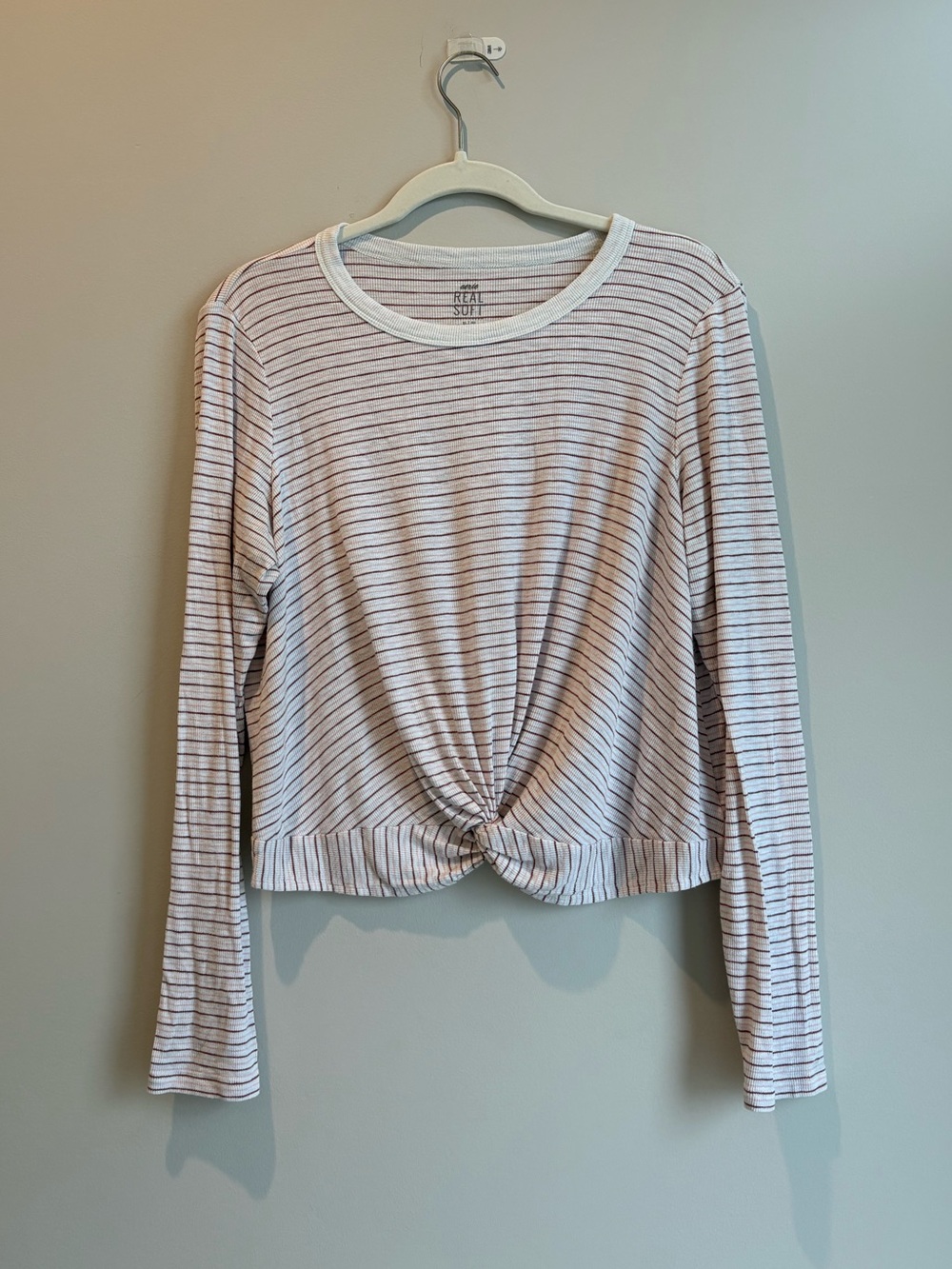 aerie Light Pink & White Striped Long-Sleeve Twist-Hem Top